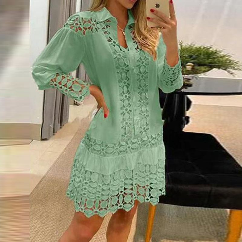 Spring Long Sleeve Button Office A-Line Dress Women Casual Lace Lapel Solid Party Dress Elegant Hollow Embroidered Mature Dress alx