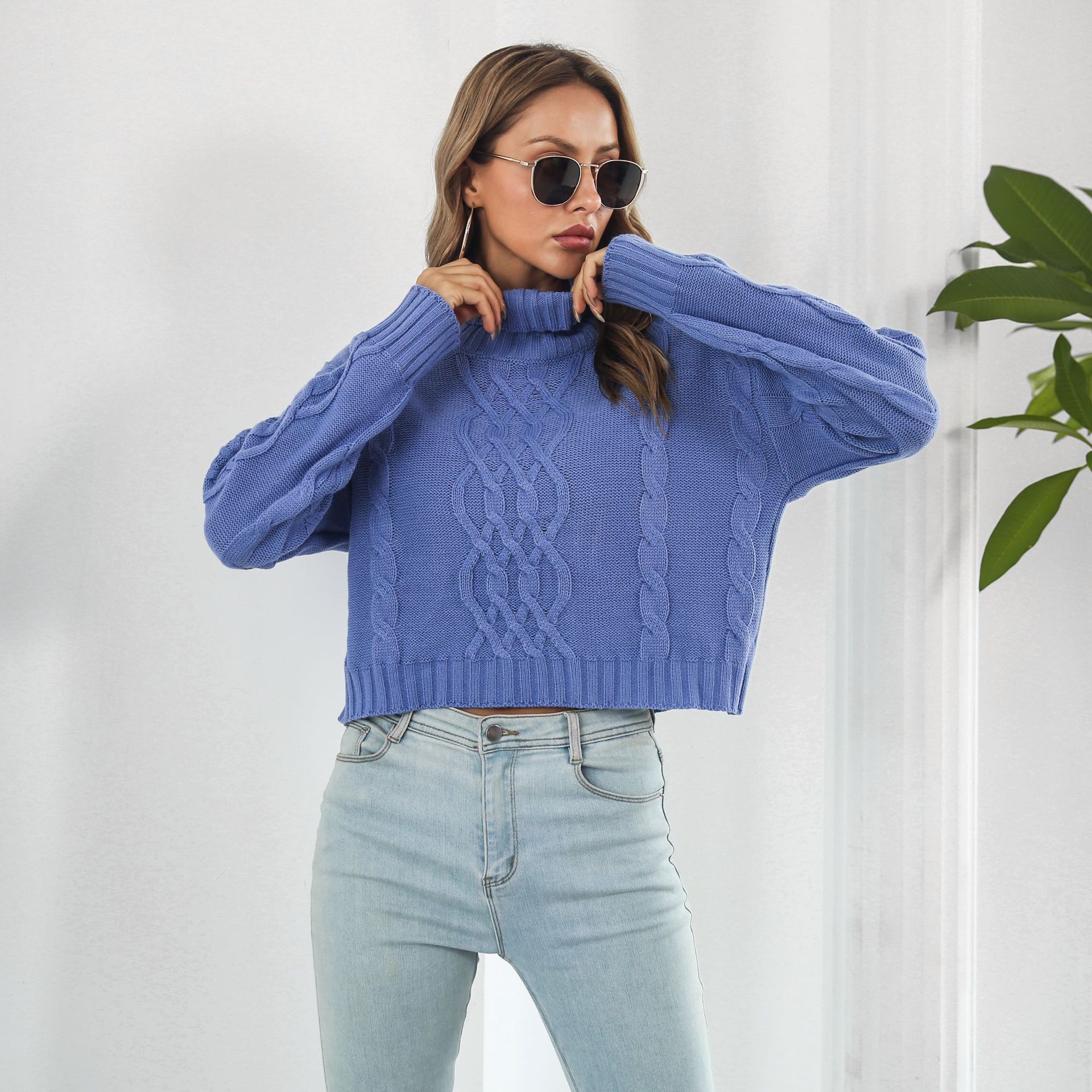 Women’s Cable Knit Turtleneck Cropped Sweater Pullover Autumn Winter Oversized Crop Tops Pullover Knitted Jumper Y2K Streetwear alx