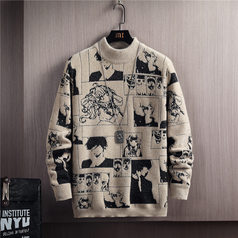 Anime Sweater Men Winter Sweaters Long Sleeve Pullovers Anime Clothes Men Streetwear Cartoon Pattern Mock Neck Sweater Japan alx