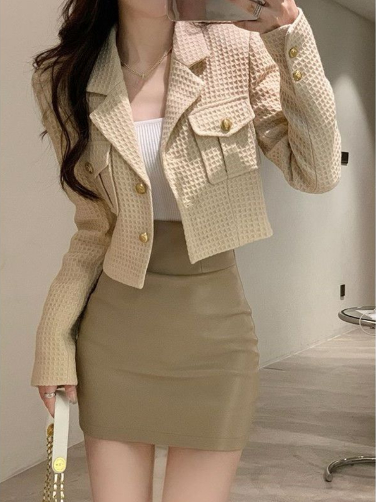 Vintage Blazer Two Piece Skirt Set Women Solid Elegant Casual Mini Skirt Suit Female Korean Style Button Designer Skirt Set 2022 alx