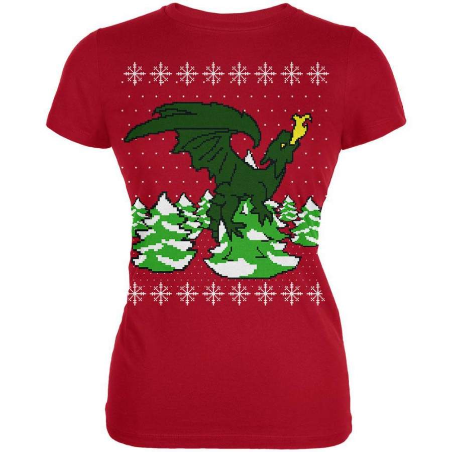 Ugly Christmas Sweater Dragon Winter Juniors Soft T Shirt