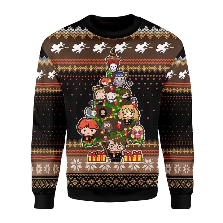 Unifinz Hp Christmas Sweater Hp Characters Christmas Tree Brown Black Ugly Sweater 2022