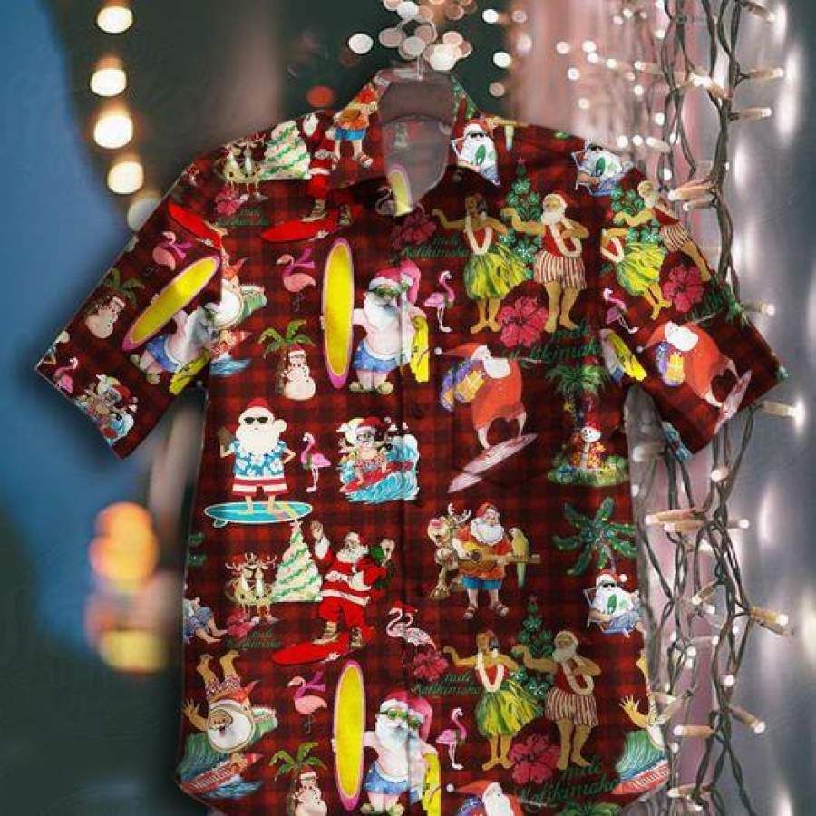 Cute Santa Claus Surfing Merry Christmas Unisex Hawaii Aloha Shirts Ha44523