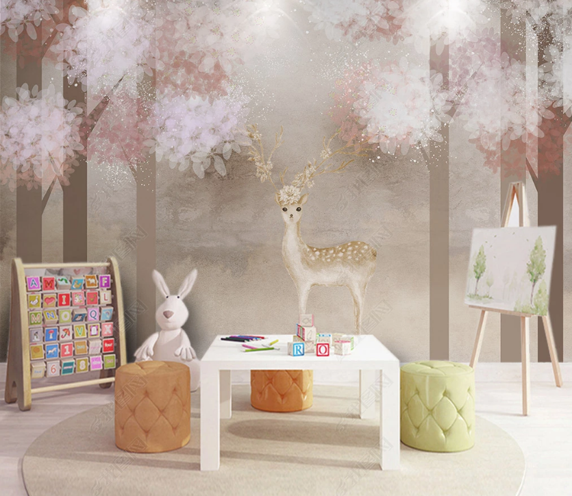 3D Hand Drawn White Floral Tree Deer Animal Background Wall Mural Wallpaper Lxl