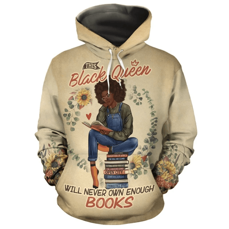 Black Queen Will Never Own Enough Books Aop Hoodie