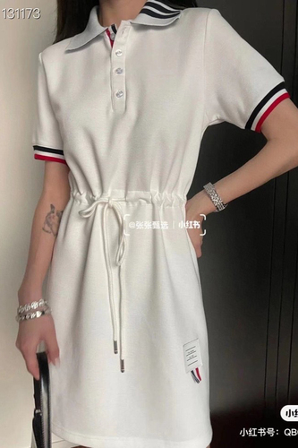 TB summer and autumn neckline striped back red, white and blue colored ribbon stitching loose sports lapel sweater dress women alx