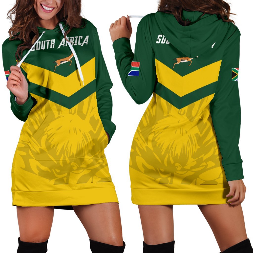 1stTheWorld South Africa Hoodie Dress – South African Rising King Protea Women Yellow A10