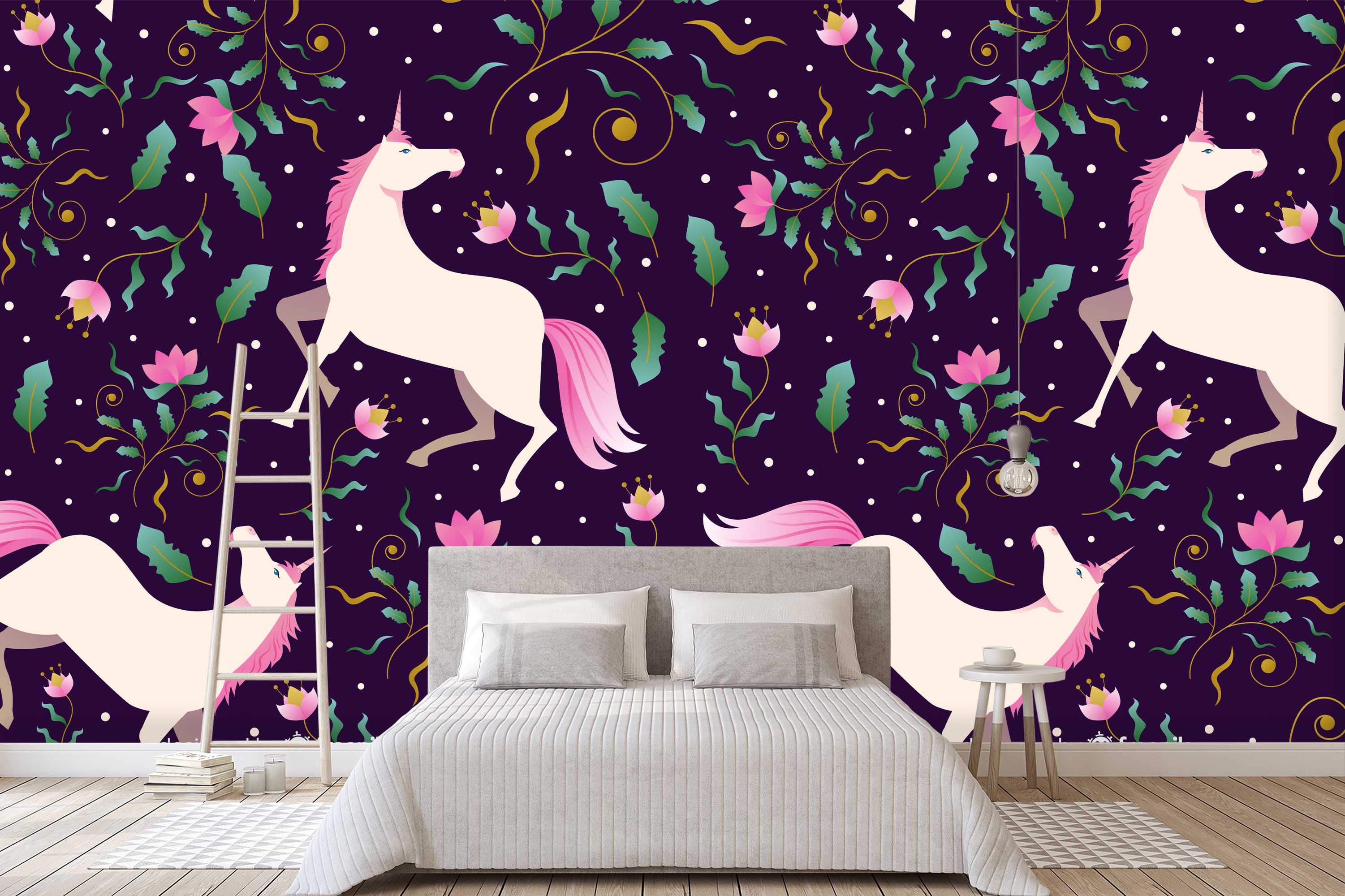 3D Black Unicorn Floral Wall Mural Wallpaper 76