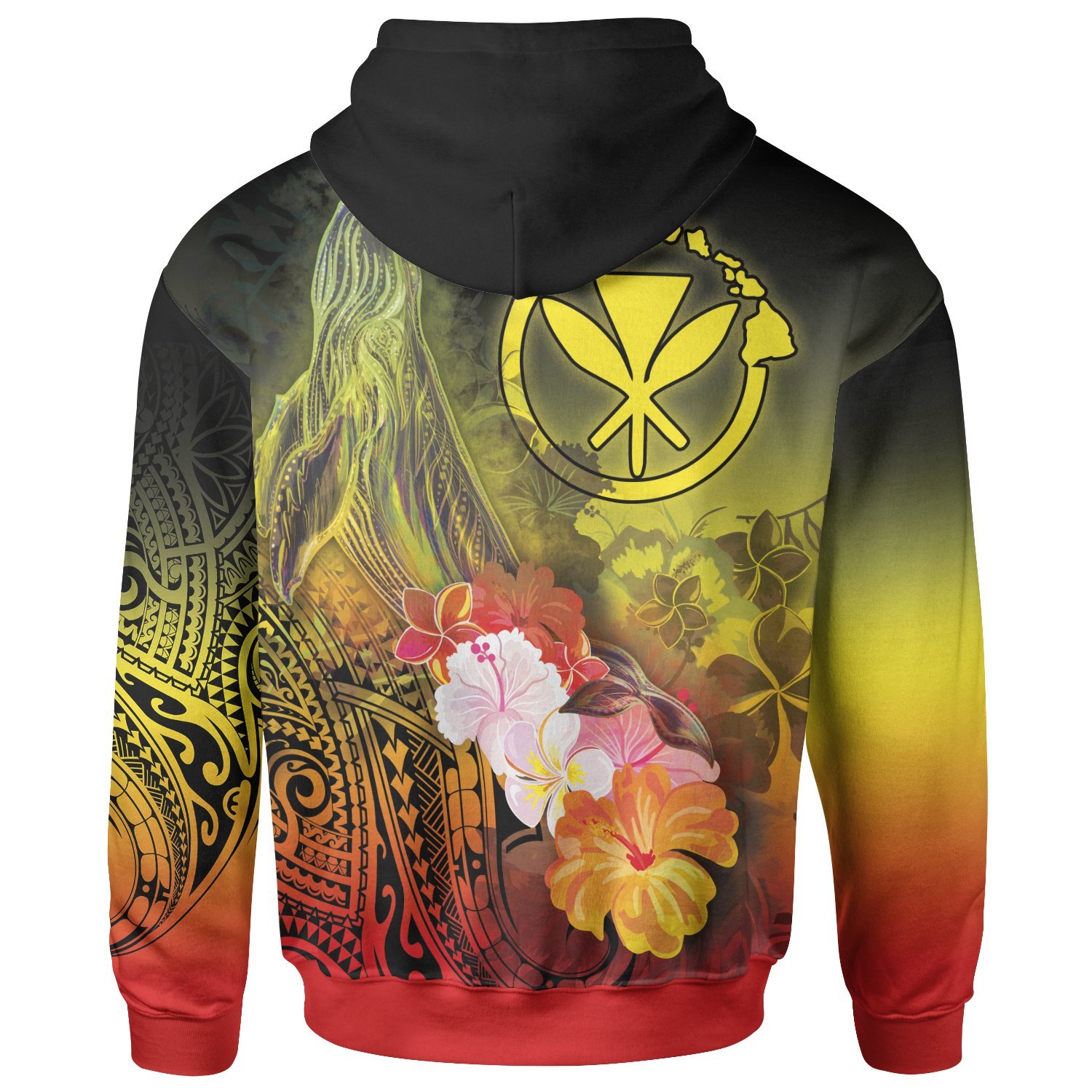 Polynesian Hawaii Hoodie – Kanaka Maoli Humpback Whale with Tropical Flowers (Yellow)- Pacific Print Hoodie