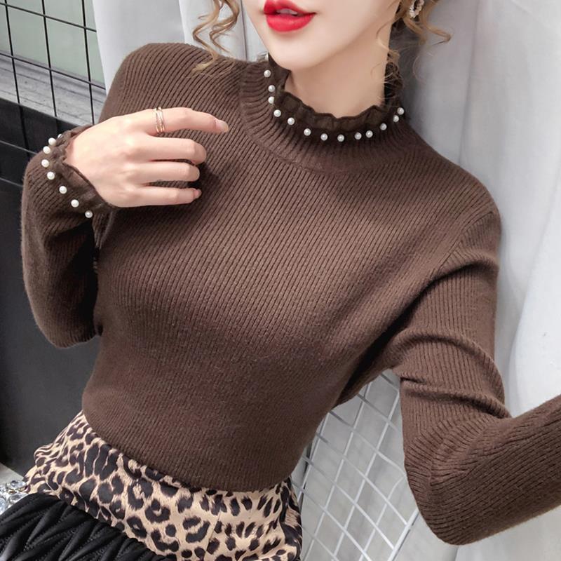 Woman Sweaters Chandails Women’s Turtleneck Sweater Autumn Winter Coat Beaded Lace Stitching Slim Fit Inner Wear Sweater alx