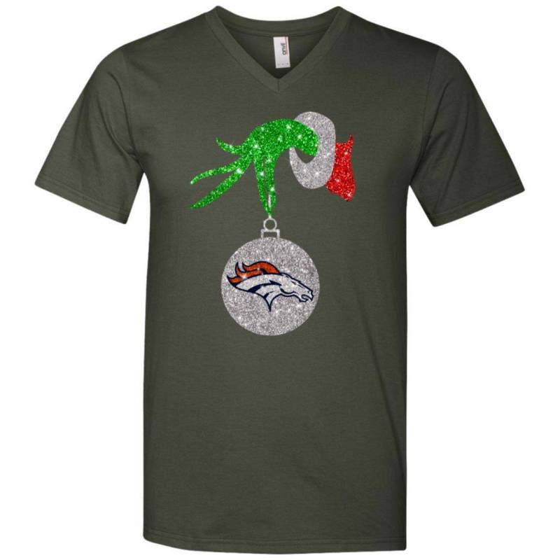 Denver Broncos Glitter Grinch Monogram Ornament Christmas Gift V-neck T-shirt