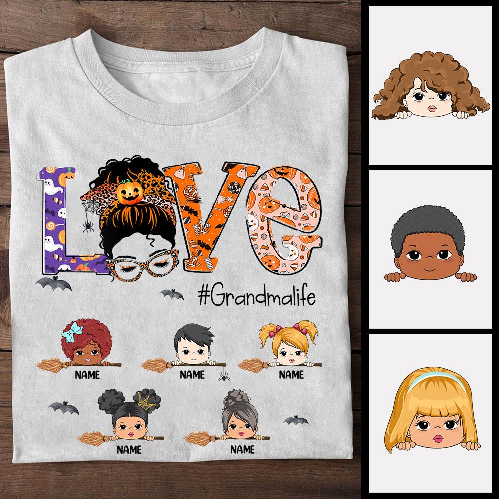 Love Grandmalife Messy Bun Halloween Shirt, Custom Grandma With Grandkids Name Shirt For Grandma