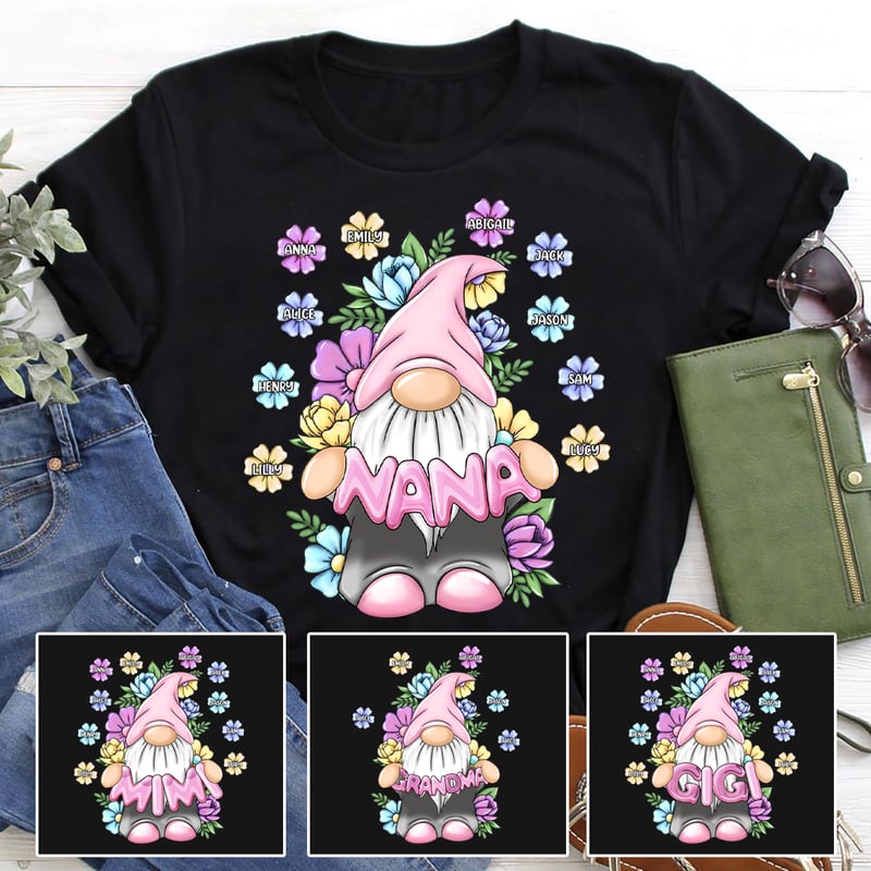 Custom Nickname Grandma And Kids Gnome With Florals Shirt, Idea Gift For Mom Mimi Nana