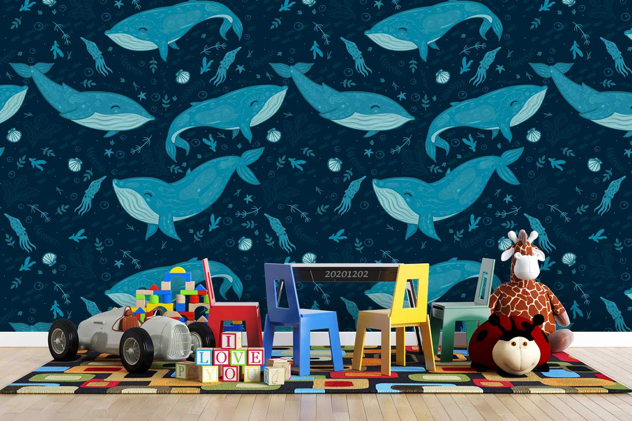 3D Cartoon Hand Drawn Deep Ocean Blue Whale Fish Pattern Wall Mural Wallpaper Lxl