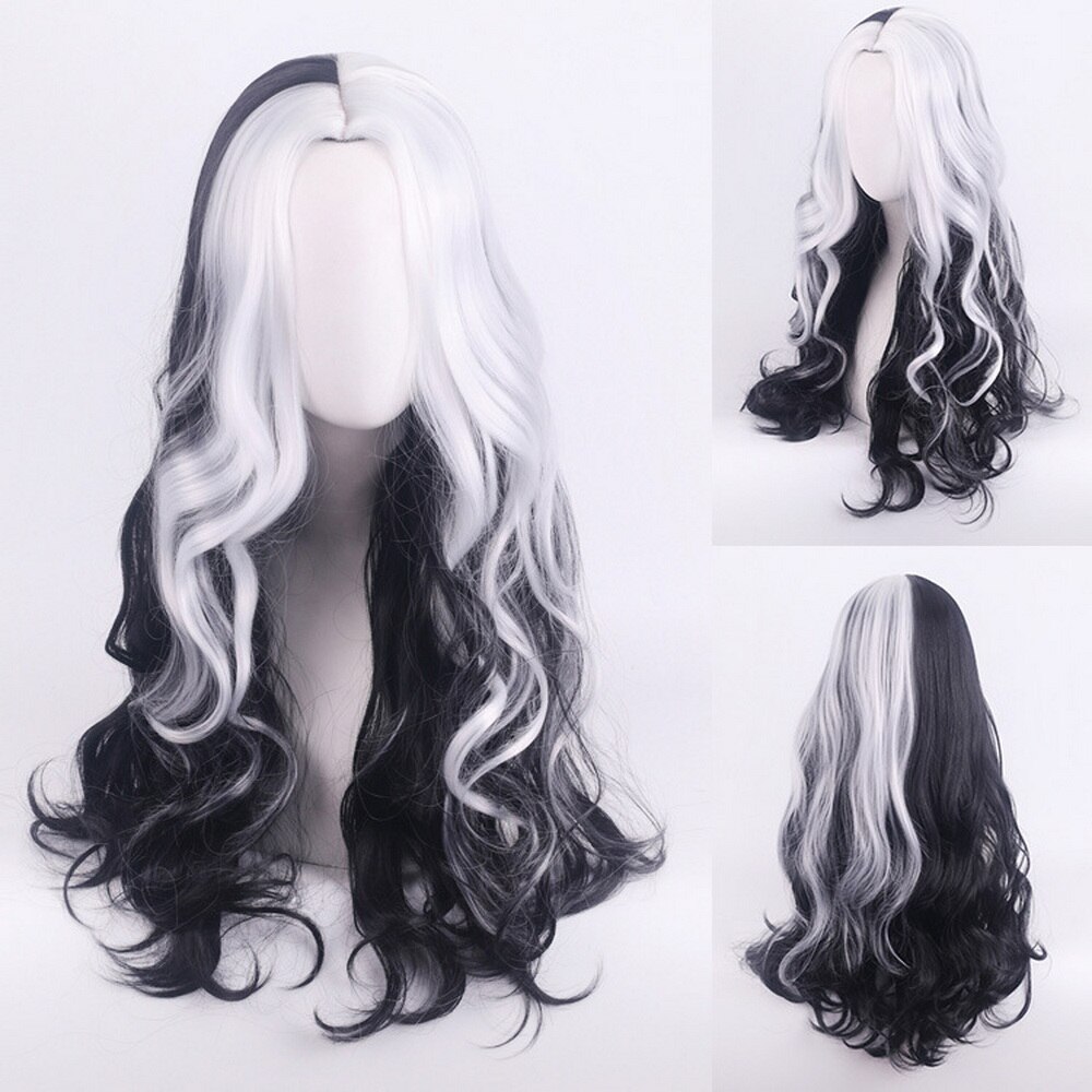 Anime Movie 101 Cruella de Vil Mix Black White Cosplay Wig Synthetic Hair Halloween Party Wigs For Women Adult alx