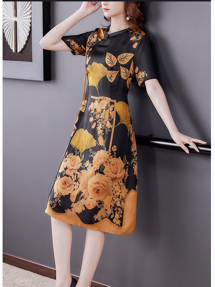 2022 Spring End Autumn High End Short Sleeve Silk Print Dress Women’s Chinese Style Skinny Retro Holiday Knee Length Dress alx