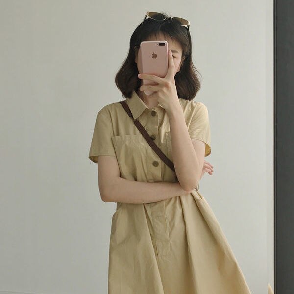 Women Dresses Short Sleeve Khaki Safari Style Harajuku Students Streetwear Casual Summer Mini Vestido Vintage Lace-up High Waist alx