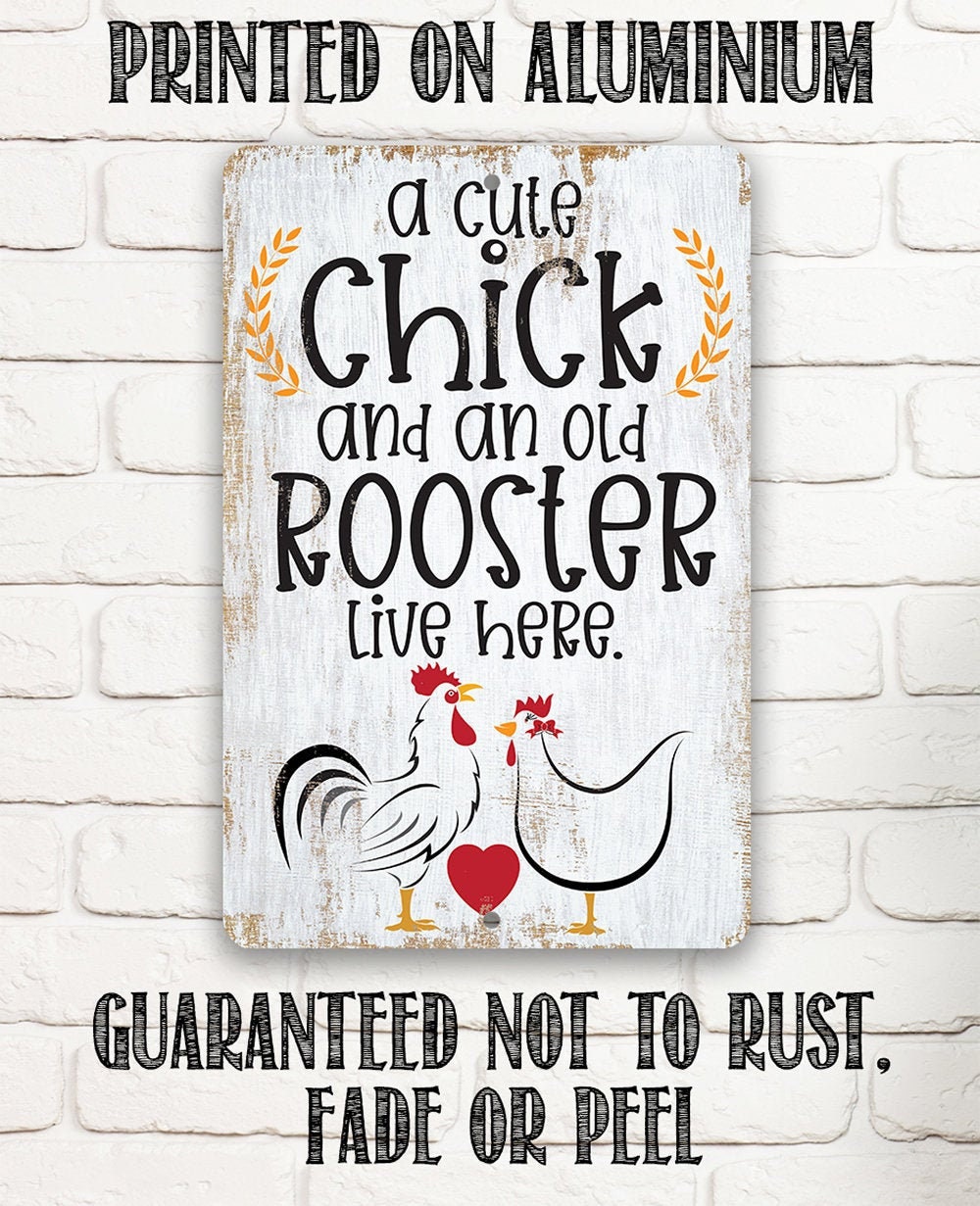 Chicken Coop Sign -Durable Tin- A Cute Chick and an Old Rooster Live Here – Available in 8″x12″ & 12″x18″- Funny Chicken Farm Decor and Gift