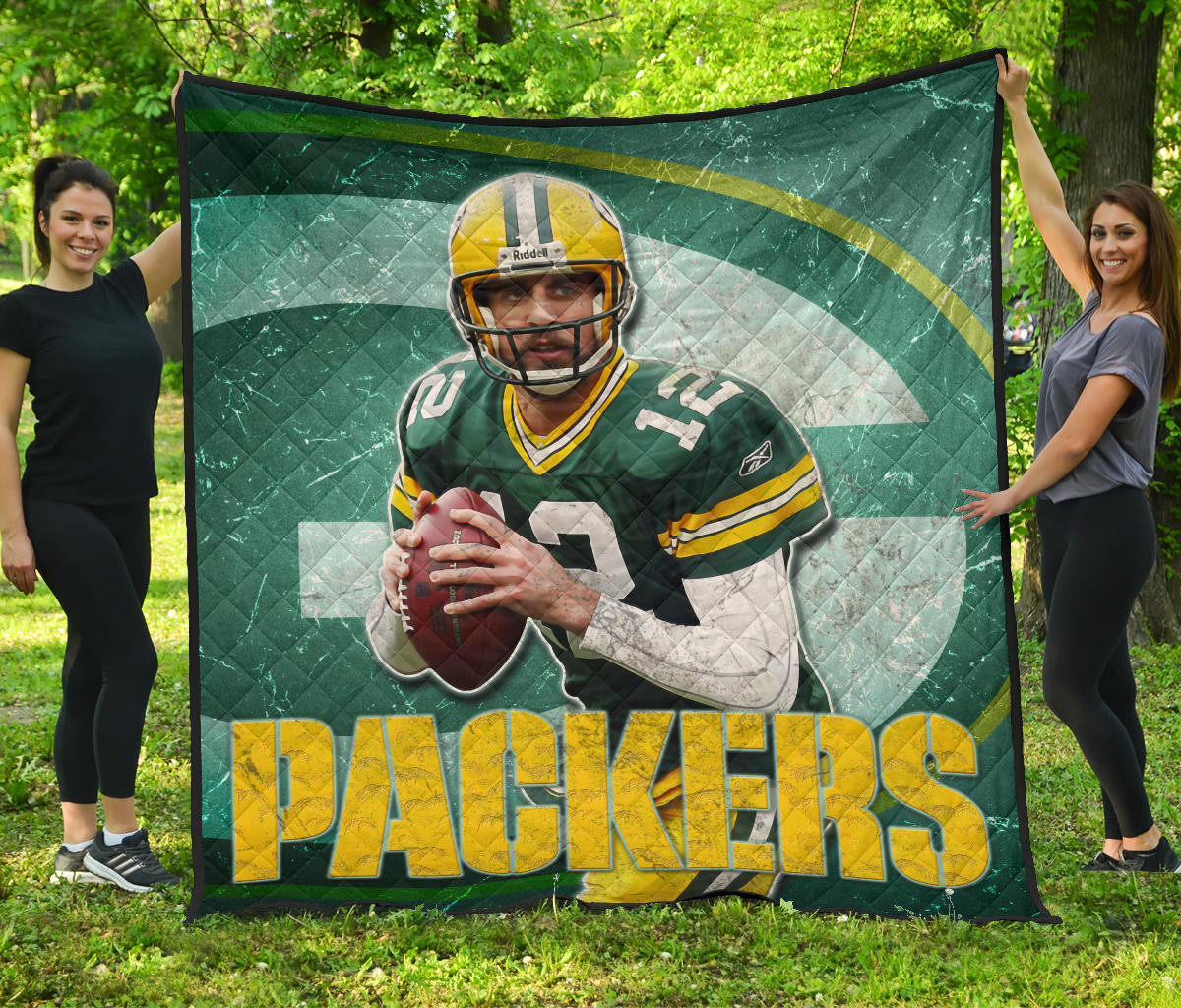 Green Bay American Football Packers Aaron Rodgers Ready To Throw Rugby Ball Premium Quilt Blanket