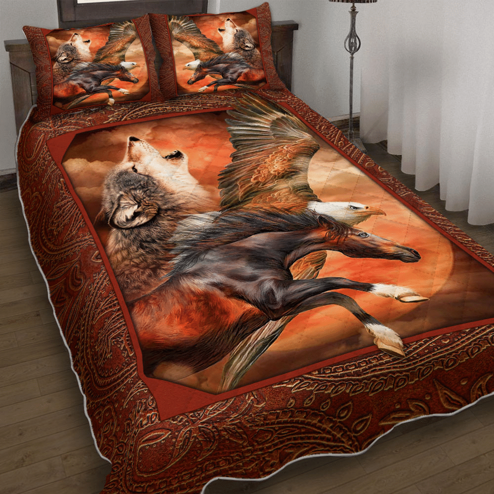 Wolf, Horse And Eagle Power Animals Of America Quilt Bed Set