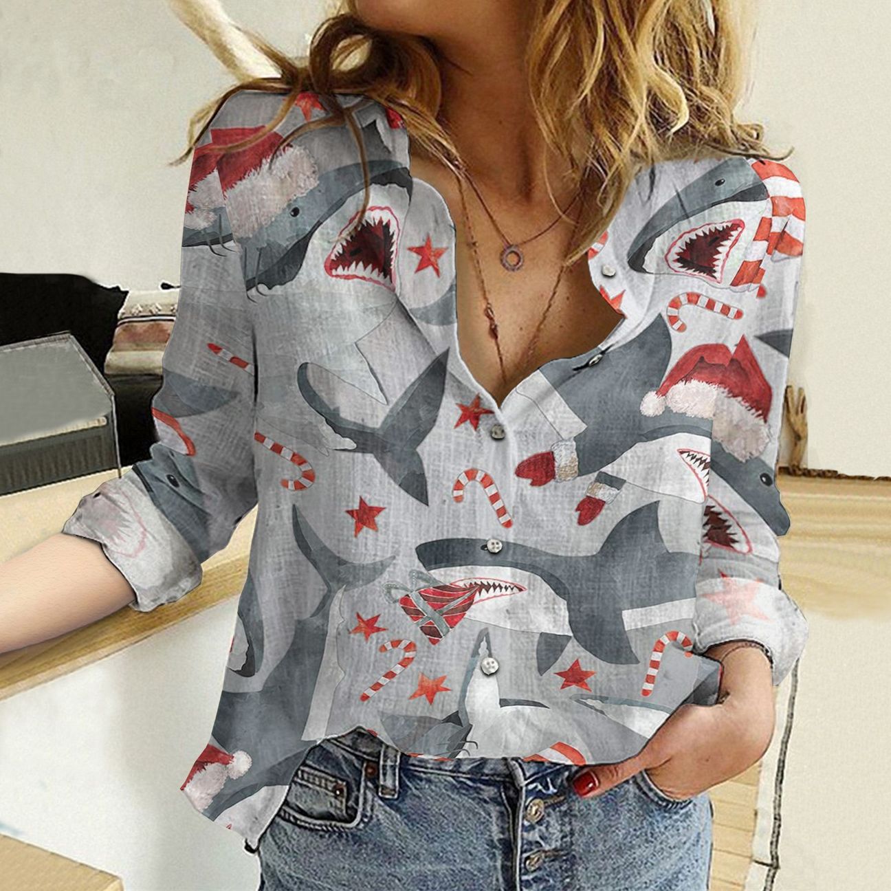 Christmas Sharks Cotton And Linen Casual Shirt For Men and Women, Unisex