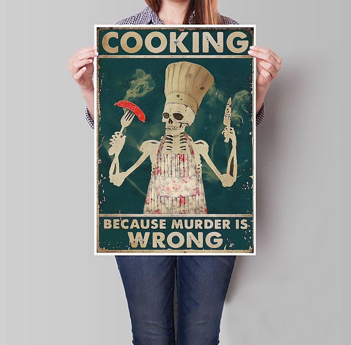 Skeleton Poster, Cooking Because Murder Is Wrong Poster, Skeleton Cooking Canvas And Poster, Canvas Prints, My Poster Wall, Canvas Wall Art, Wall Decor Visual Art, Halloween Gift, Happy Halloween