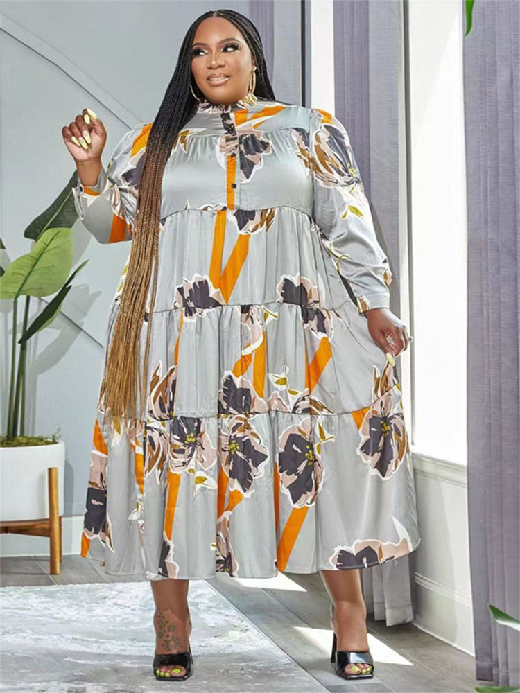 Wmstar Plus Size Dresses for Women 5xl Loose Long Sleeve Flowers Print Casual Big Hem Maxi Shirts Dress Wholesale Dropshipping alx