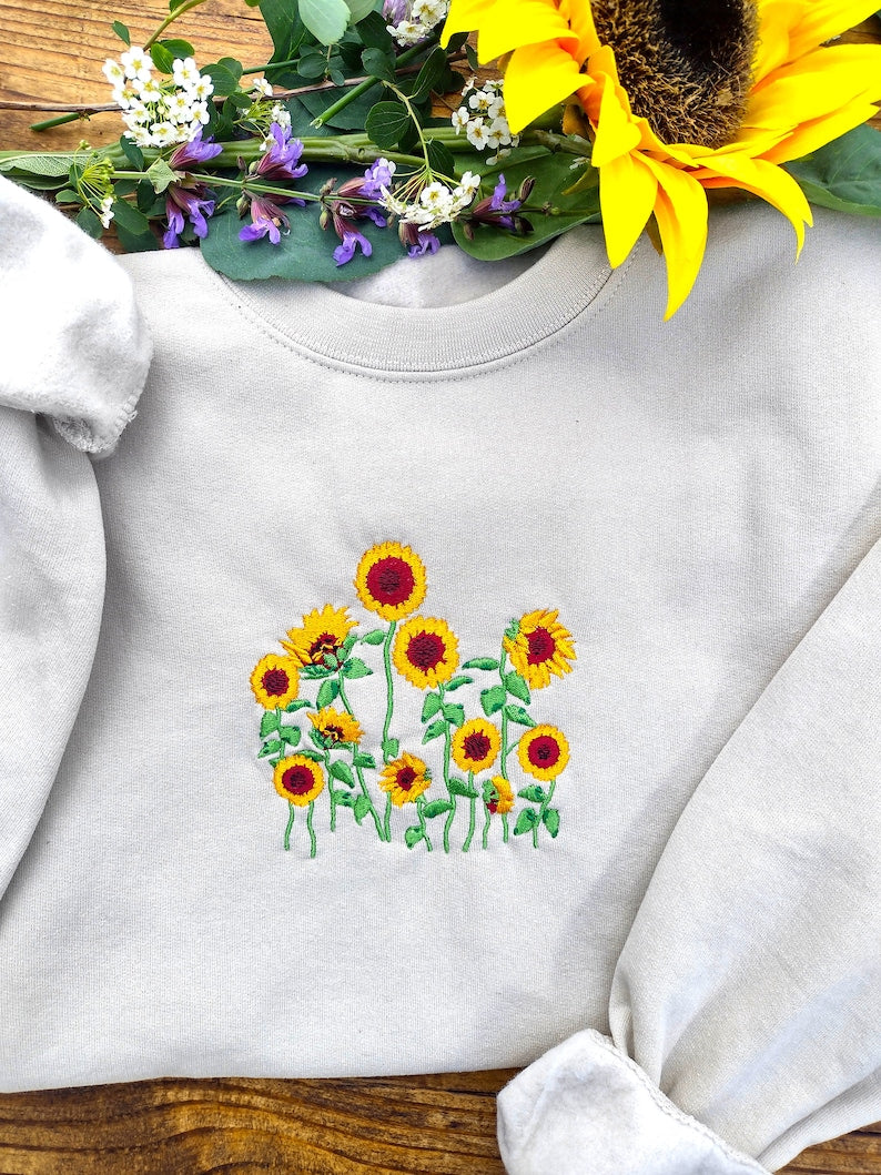 Sunflower Garden Embroidered Sweatshirt 2D Crewneck Sweatshirt All Over Print Sweatshirt For Women Sweatshirt For Men Sws4338