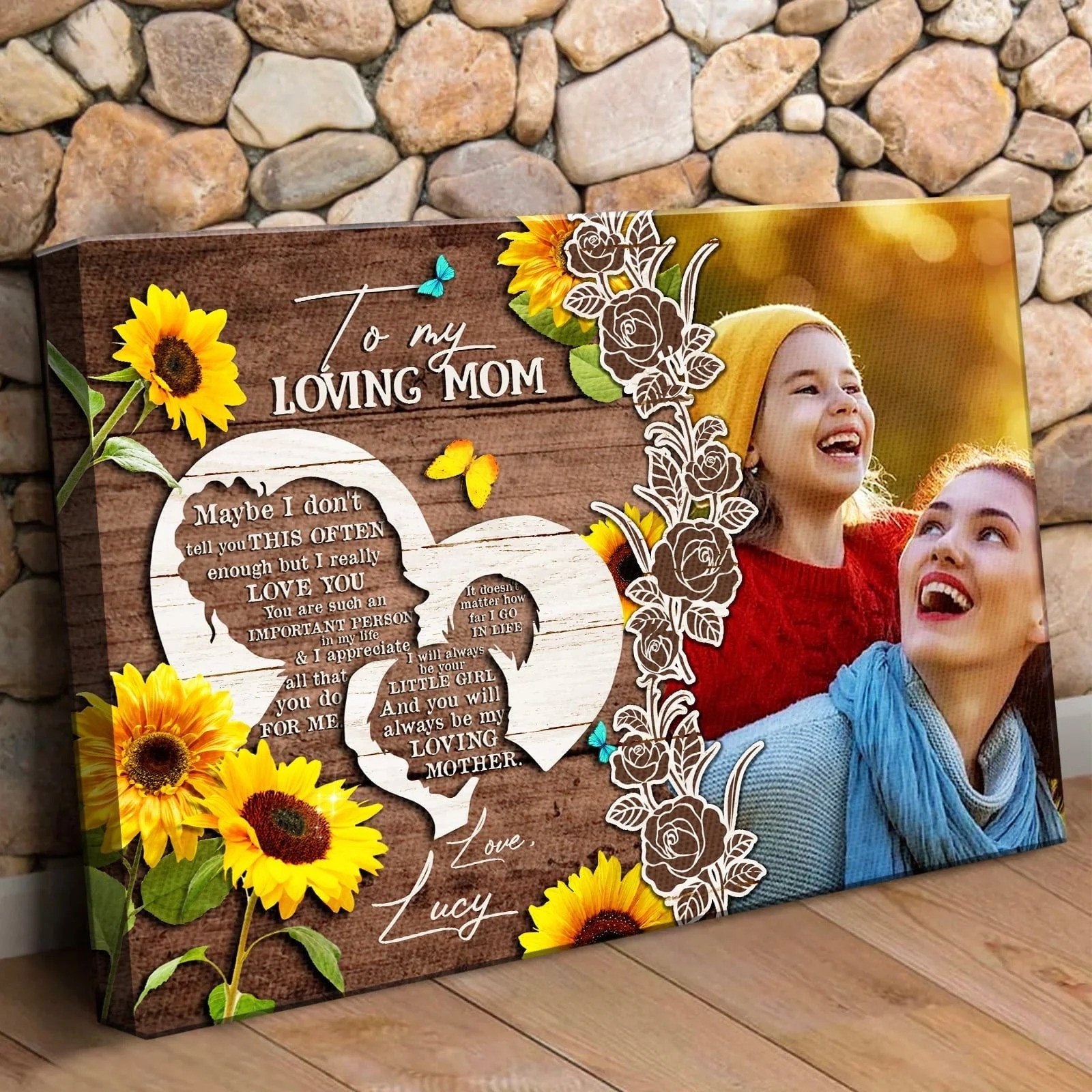 Custom Photo Mom And Daughter Canvas, To My Loving Mom Sunflower Wall Art For Mother