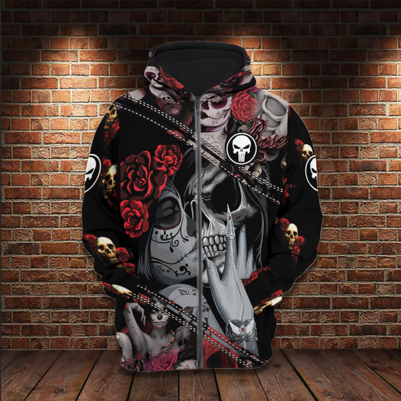 Roses Skull Romance Couple All Over Printed Unisex Size Zip Up Hoodie