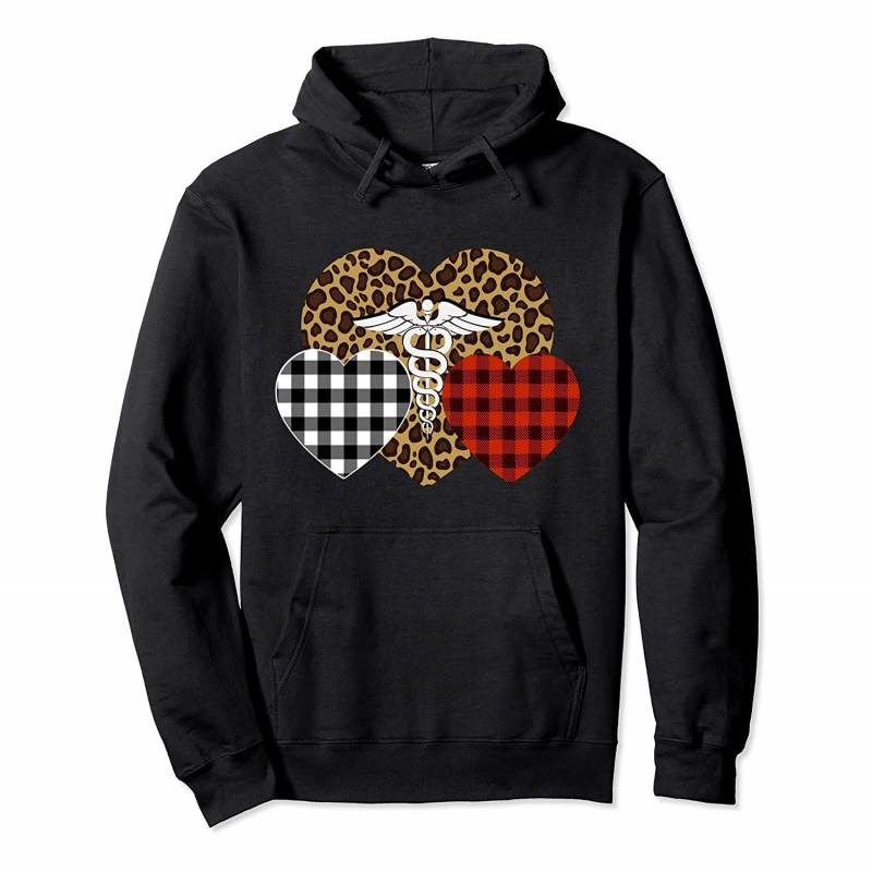 Three Hearts Leopard Buffalo Plaid Valentine’s Nurse Pullover Hoodie, T-Shirt, Sweatshirt