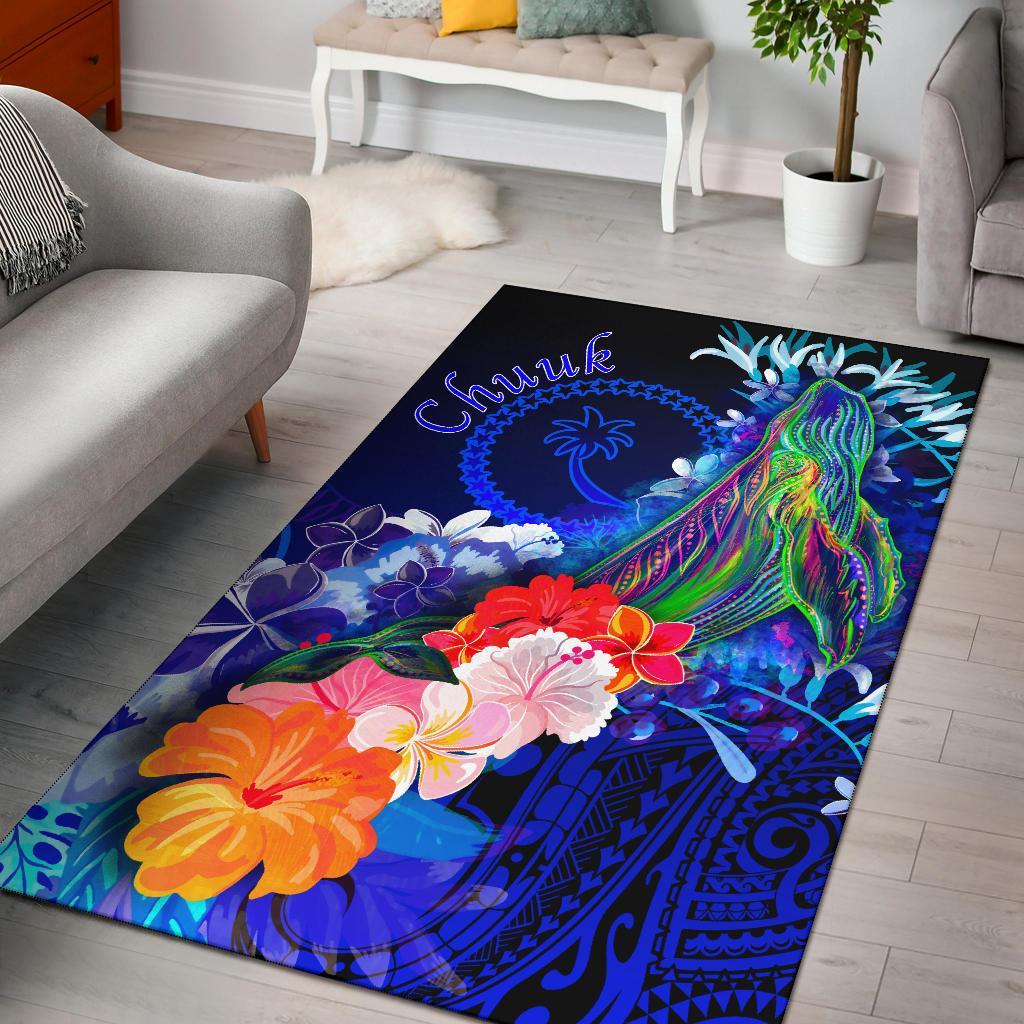 Chuuk Area Rug – Humpback Whale With Tropical Flowers (Blue)