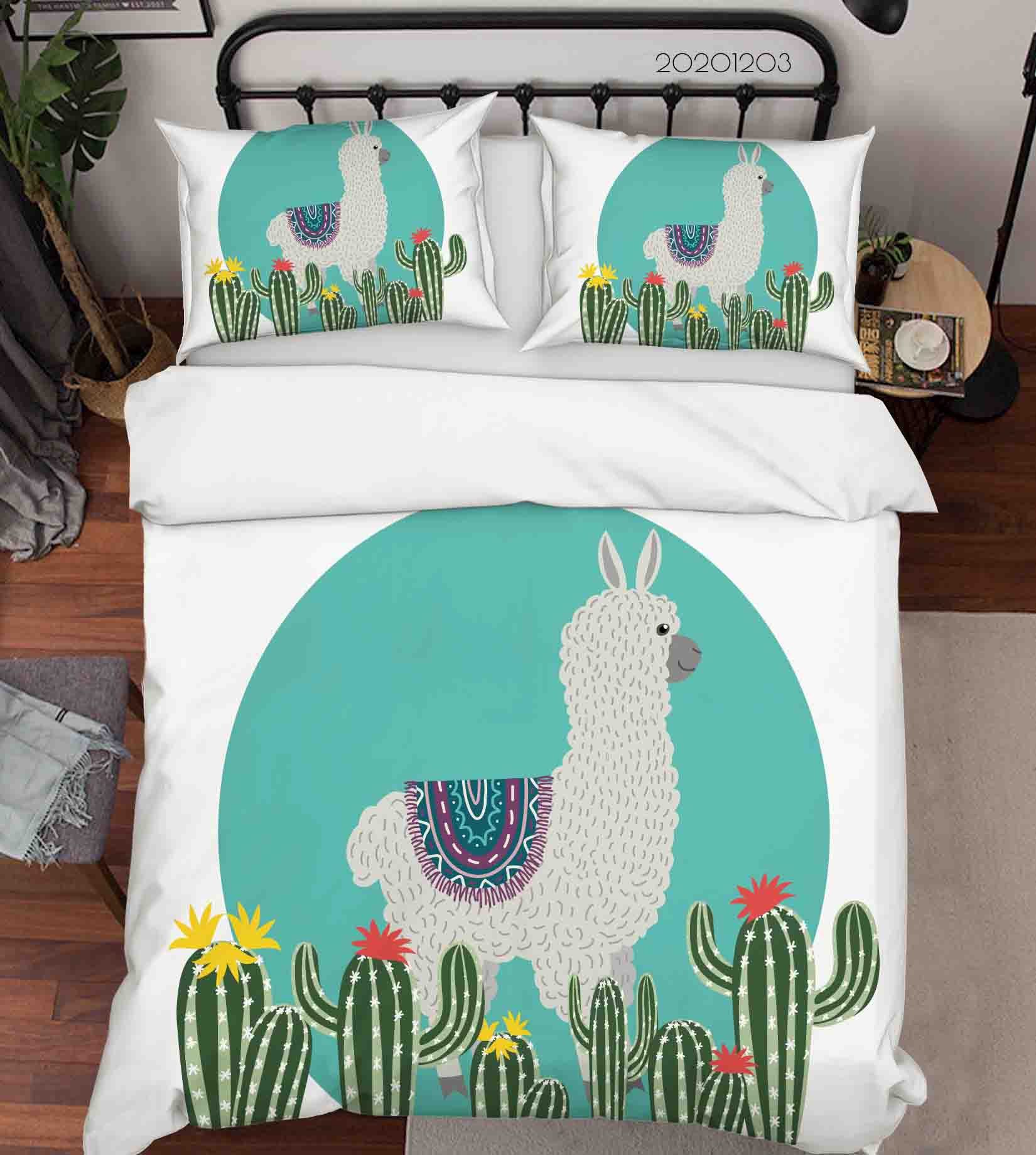 3D Cartoon Hand Drawn Alpaca Animal Green Plant Cactus Quilt Cover Set Bedding Set Duvet Cover Pillowcases Lxl