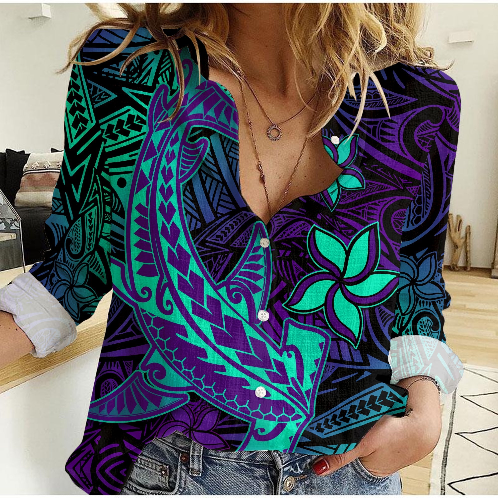 Custom Personalised Polynesian Women Casual Shirt Purple Paradise Hawaiian Tribal Hammerhead Shark Lt14