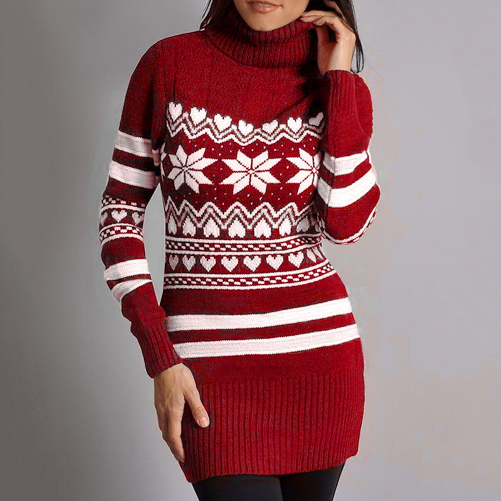 Women Winter Sweater Dresses 2021 Christmas Print High Collar Sweatershirts Female Warm Long-Sleeved Pullovers Ladies Sweater alx