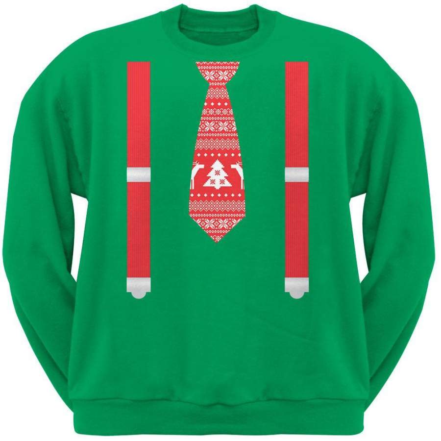 Ugly Christmas Sweater Tie With Suspenders Green Adult Crew Neck Sweatshirt