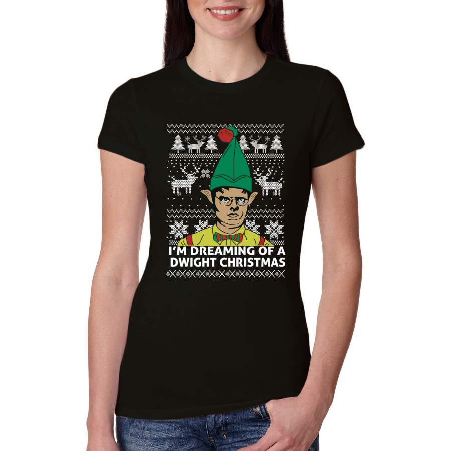 The Office Dwight Dreaming Of A Dwight Christmas Ugly Christmas Sweater Womens Slim Fit Junior Tee