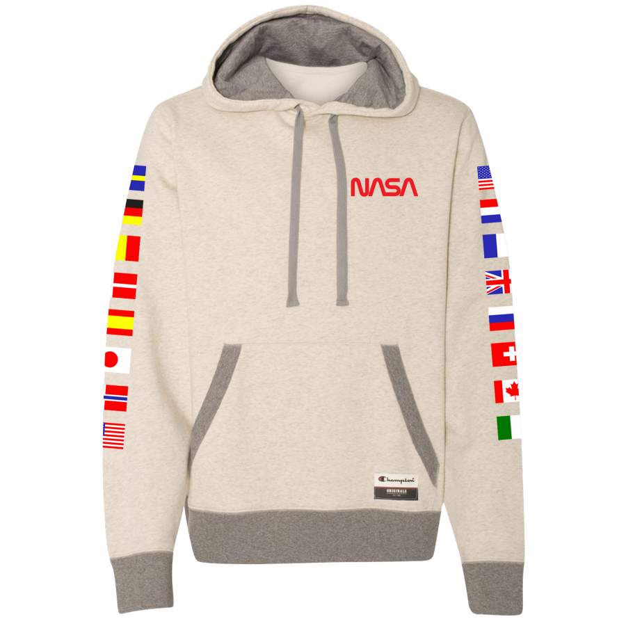 Champion Brand NASA International Space Station (ISS) Oatmeal Pullover Hoodie Sweatshirt with Flags on Sleeves