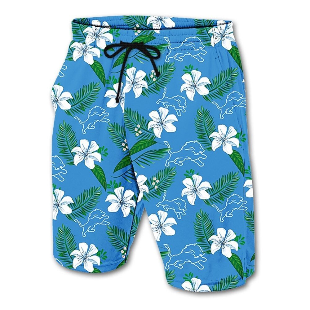 Detroit Lions Leaf Floral Pattern Hawaii Summer Shorts Men In Blue Ha69359