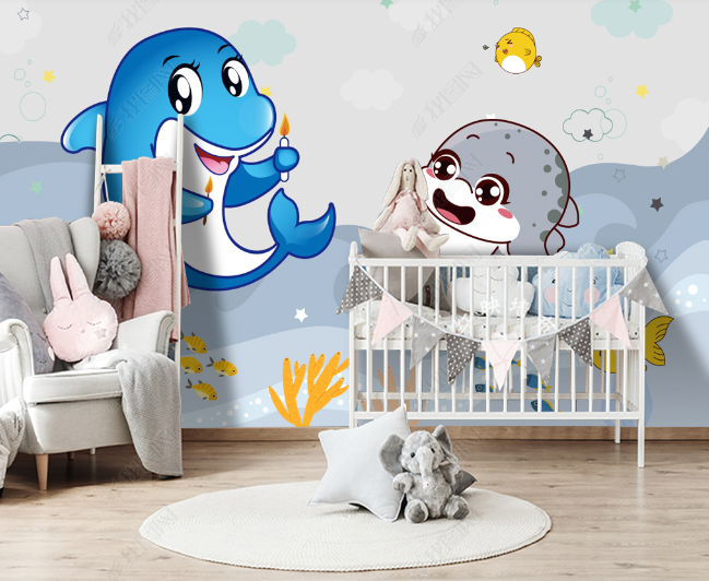 3D Hand Drawn Animal Dolphin Wall Mural Wallpaper Lqh 281