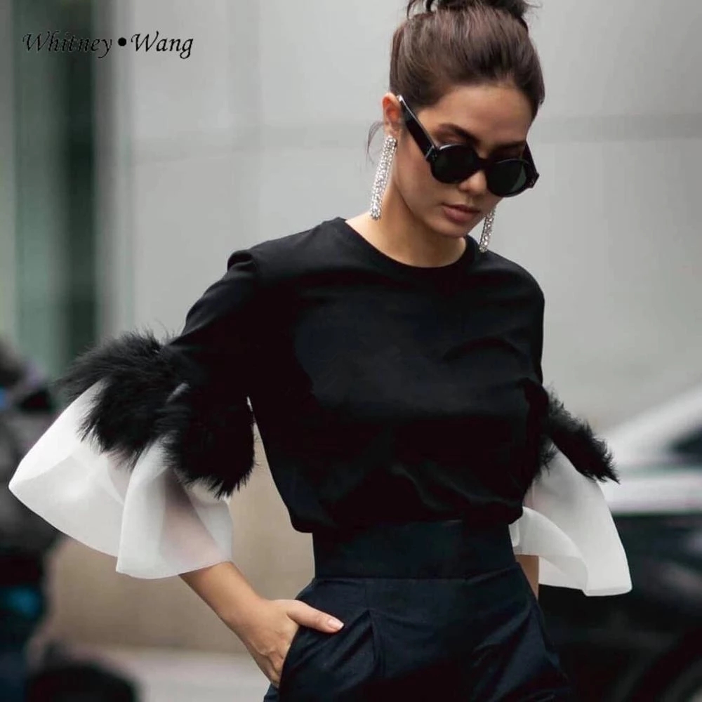 WHITNEY WANG 2022 Spring Summer Fashion Streetwear Colors Contrast Flare Sleeve Feathers T-Shirt Women Tees t shirt Party Tops alx