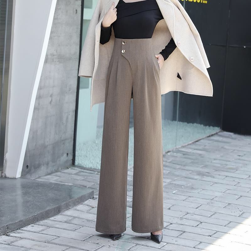 Women’s Pants High Waist Button Zipper Wide Leg Trousers 2022 Spring New Office Ladies Commute Loose Capri Pants for Female alx