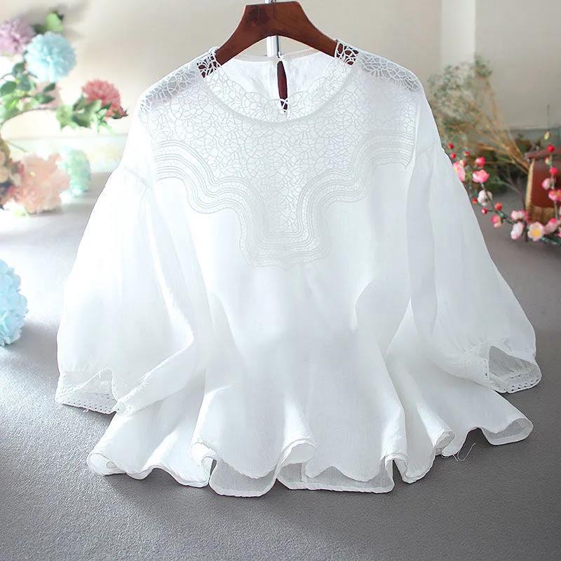 Large size cotton and linen shirt women’s 2022 summer new Korean fashion design lace stitching loose casual lantern sleeve top alx