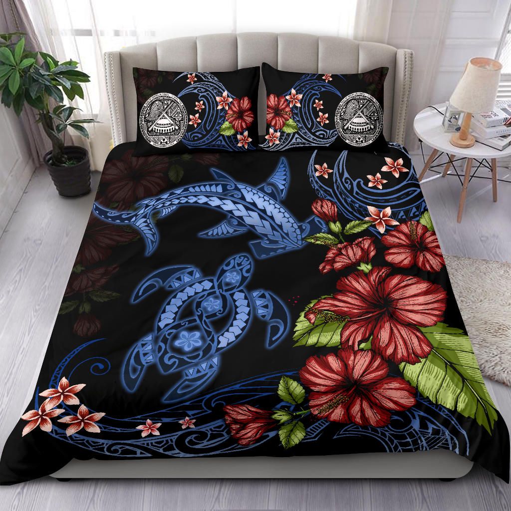 Alohawaii Bedding Set – Cover And Pillow Cases American Samoa Turtle And Shark Polynesian Hibiscus Th5