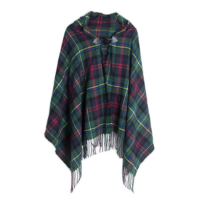 Women Hooded Tartan Cape Plaid Bohemian Poncho Blanket Shawl Cardigan Horn Button with Tassels alx