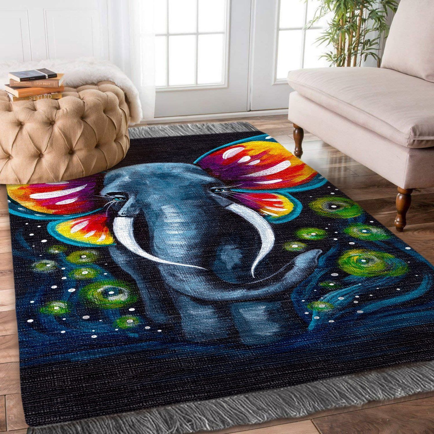 Elephant With Butterfly Floor Overlay, Vintage Rug