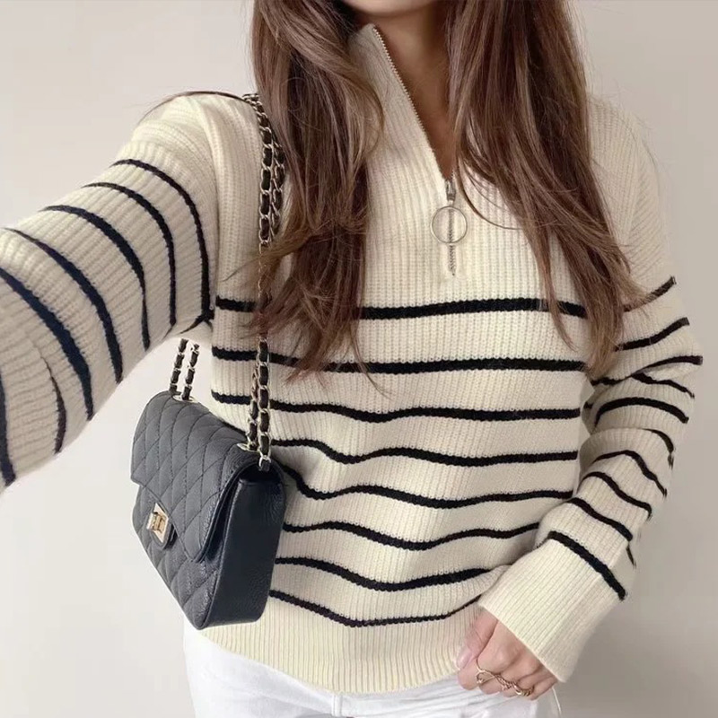 Women Loose Knitted Sweaters Fashion Zipper V-Neck Pullovers Female Casual Long Sleeve Striped Patchwork Jumpers Autumn Winter alx