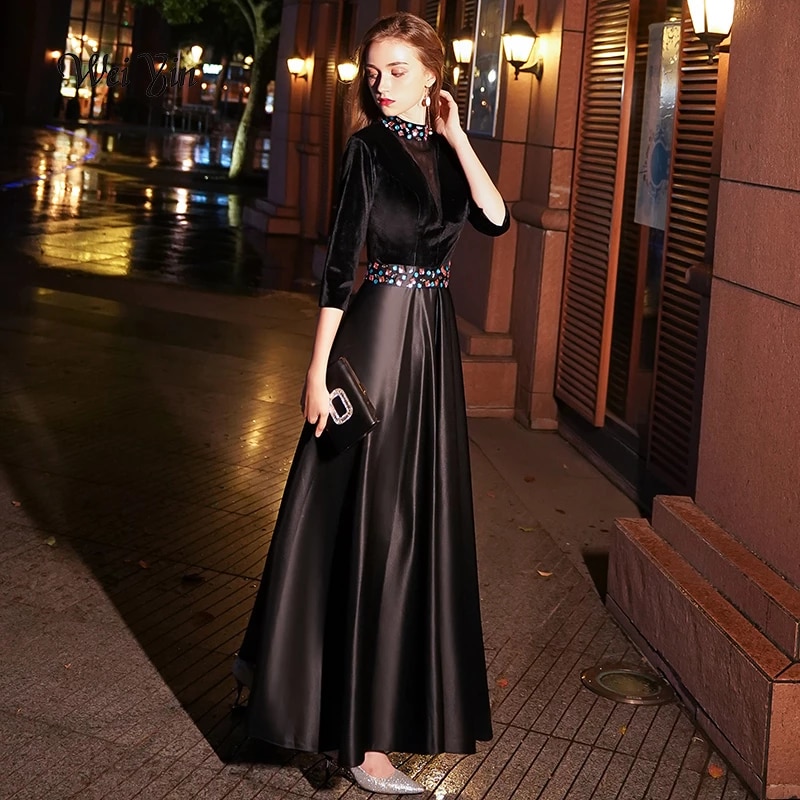 weiyin Black Velour Evening Dress Long 2022 Sexy A-line Party Dress Crystal Half Sleeves Prom Dresses Robe De Soiree WY1051 alx