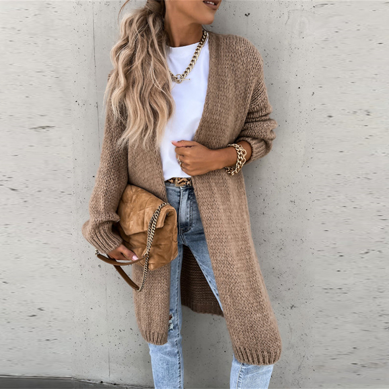 Women Casual Long Sleeve Knitted Cardigan Autumn Elegant Loose Solid Color Sweater Coats Winter Fashion Straight Midi Outerwear alx