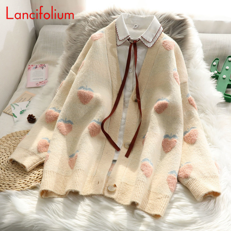 Strawberry Cardigan Women kawaii Oversized Sweater Long Sleeve Elegant Cardigan Top Winter Knitted Coat Jacket Fall 2020 Sweater alx